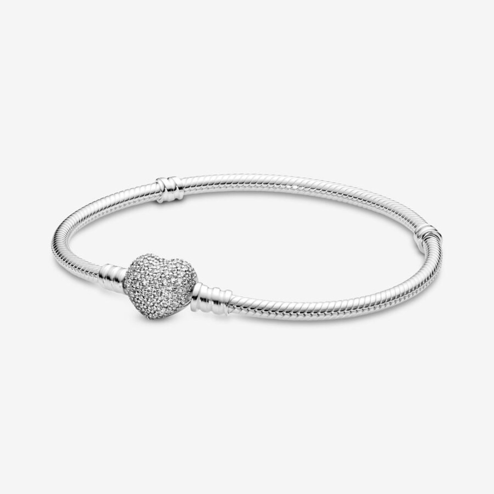 Pandora Pavé Clasp Heart Clasp Silver Bracelet + Stoppers